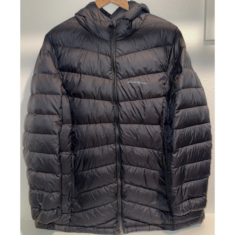 Eddie Bauer EB650 Womens XXL Black Down Puffer Jacket Hooded Lightweight Warm